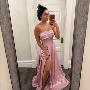 New Strapless Slit A-Line Glitter Formal Dress Baby Pink / Soft Pink Size Small